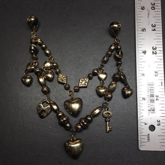 Collar Tack Pin Gold Necklace As Is Heart Lock Key Dangle Diamond Retro BoHo - Picture 9 of 9